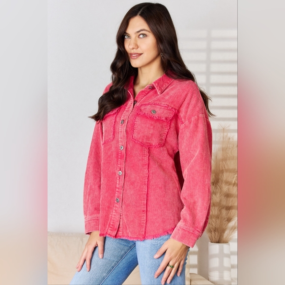 Rousseau Tops - Rousseau Designer Oversized Button Down Washed Corduroy Shacket